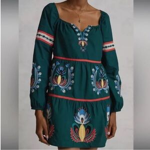 Letmebe anthropologie Green Embroidered Long Sleeve Tiered Mini Tunic Dress XS